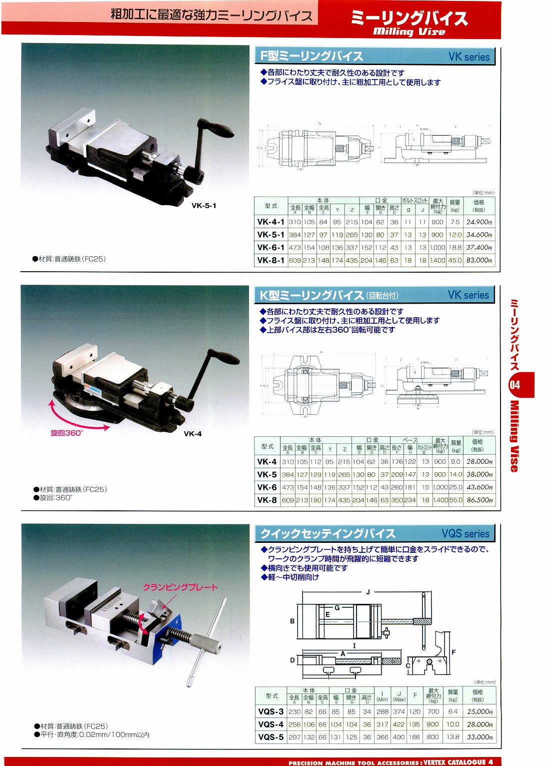 バーテックス　ミーリングバイス　F型・K型・クイックセッティングバイス　VK-4-1　VK-5-1　VK-6-1　VK-8-1　VK-4　VK-5　VK-6　VK-8　VQS-3　VQS-4　VQS-5